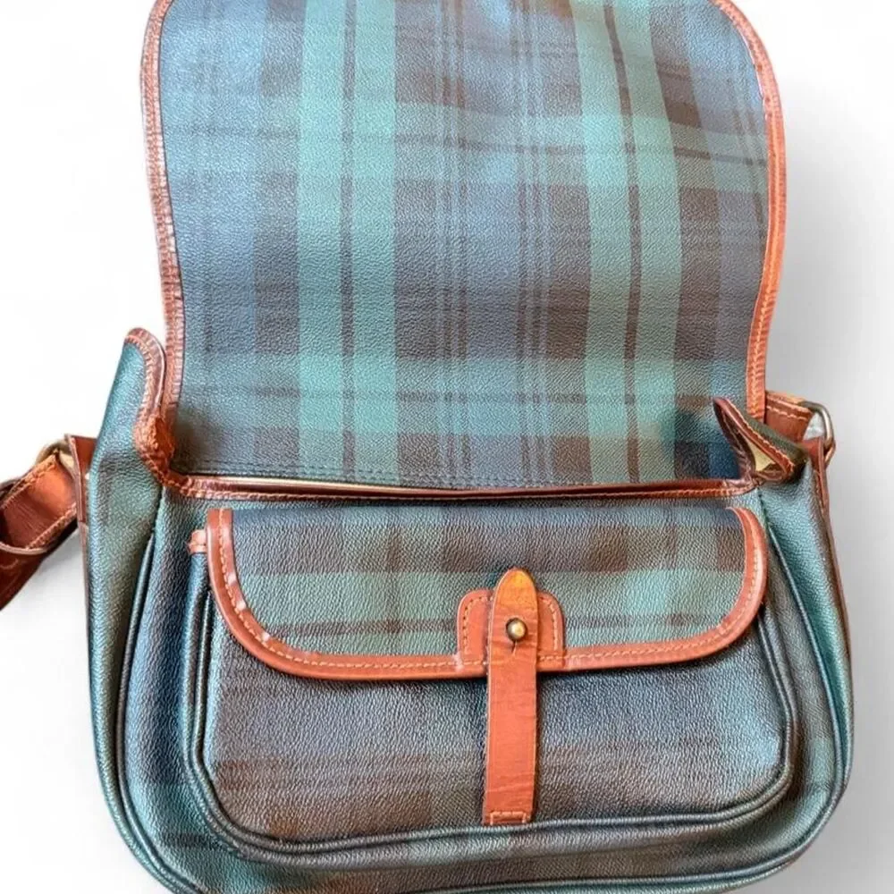 Vintage Polo Ralph Lauren Black Watch Plaid Leather Crossbody Saddle Bag